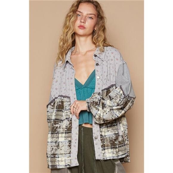 POL Balloon Sleeve Floral Color Block Plaid Shirt - Picture 1 of 5